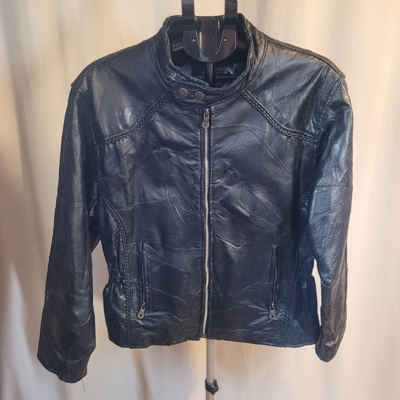 Black Patchwork Leather Motorcycle Jacket - Picture 3 of 14